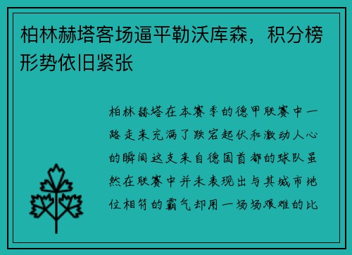 柏林赫塔客场逼平勒沃库森，积分榜形势依旧紧张