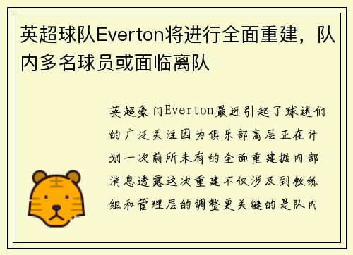 英超球队Everton将进行全面重建，队内多名球员或面临离队